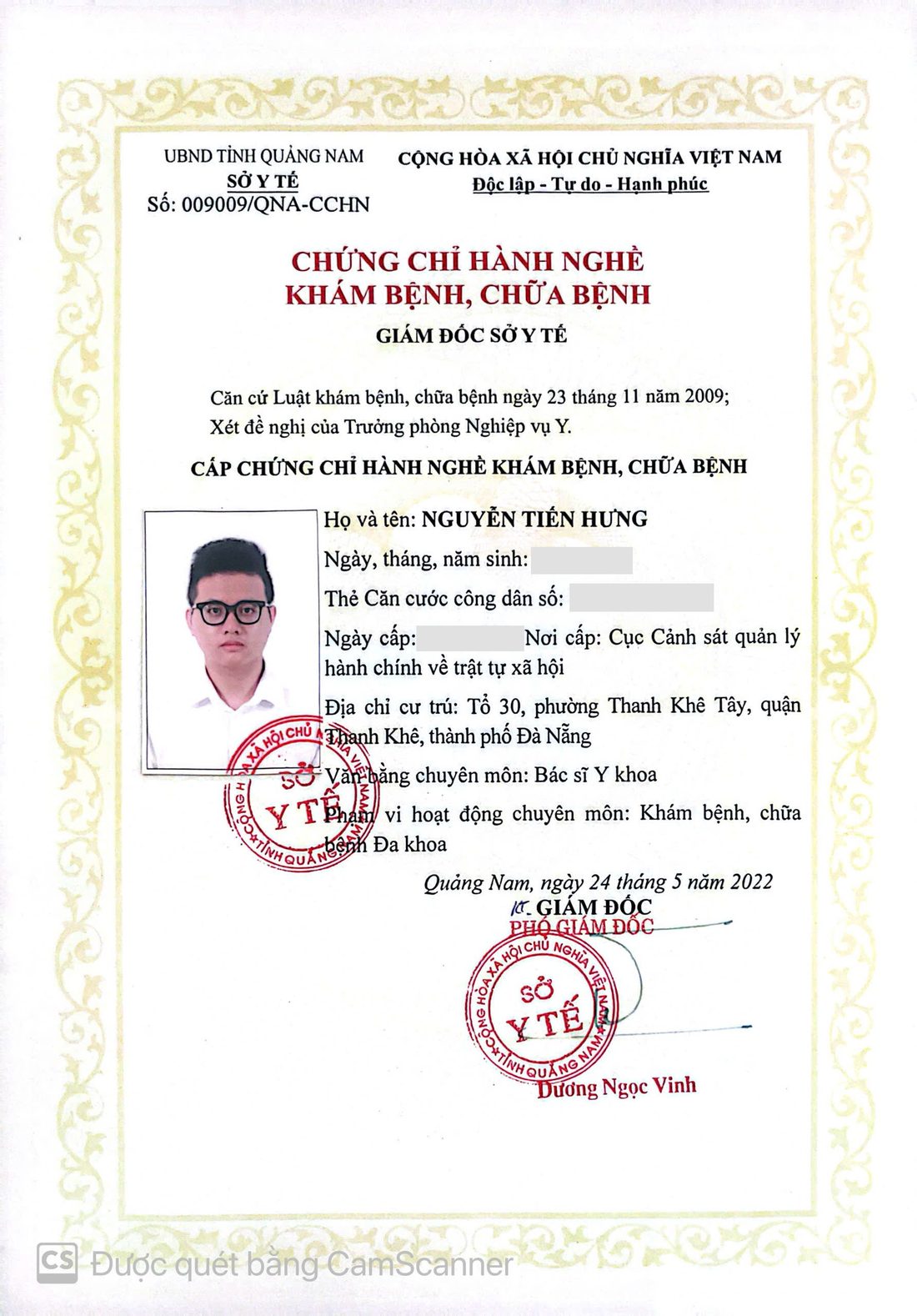 Chứng chỉ hành nghề khám bệnh, chữa bệnh — BS CKI Nguyễn Tiến Hưng